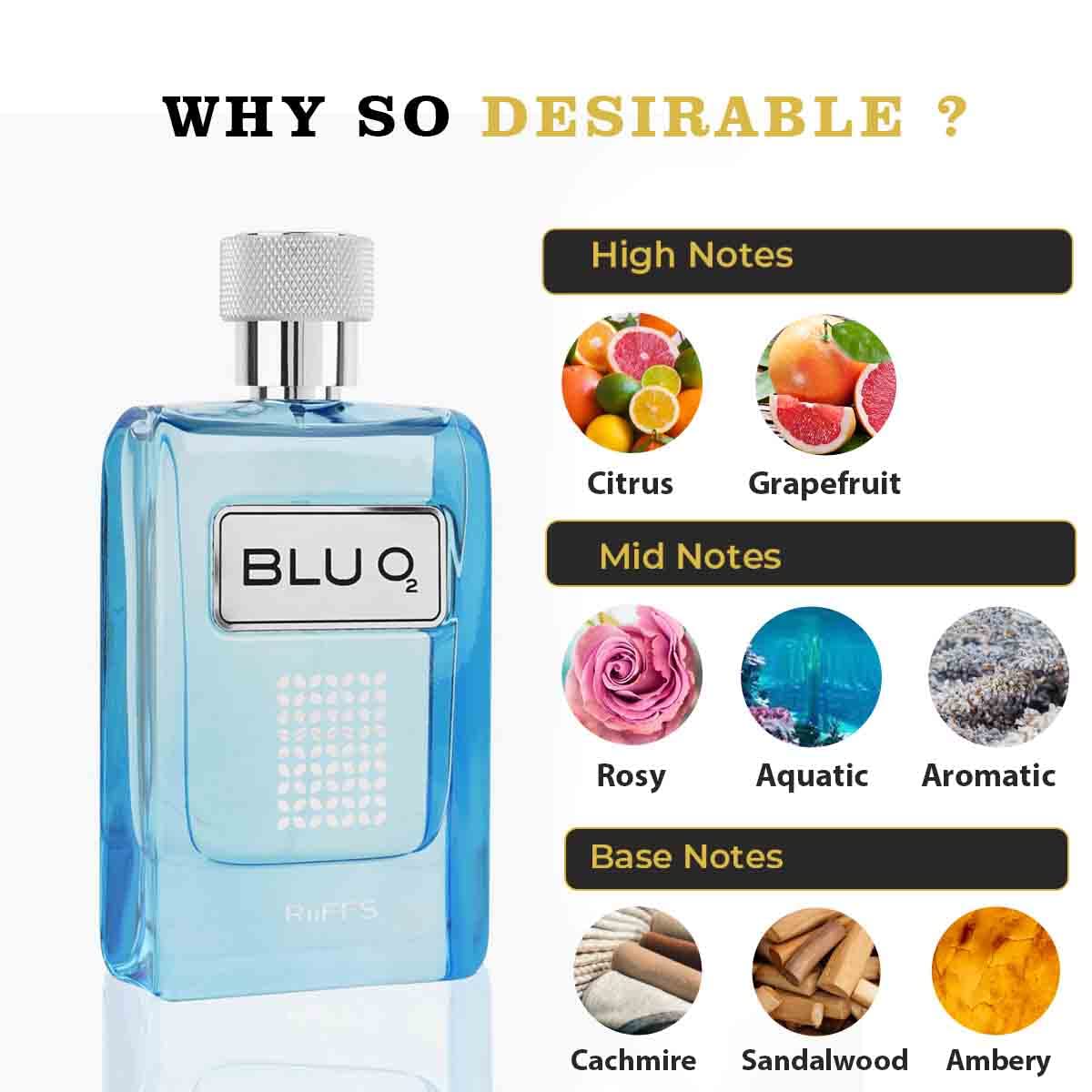 RiiFFS PERFUMS Blu O2 Imported Long Lasting, 100ml Men's Liquid Perfume, Citrusy, Aquatic & Woody, Soothing Fragrance
